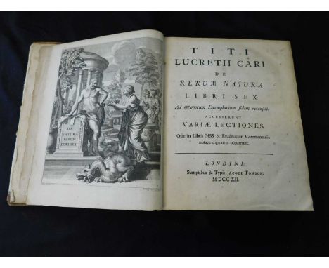 TITUS LUCRETIUS: TITI LUCRETII CARI DE RERUM NATURA LIBRI SEX..., Londini, Jacobi Tomson, 1712, engraved frontis and 6 plates