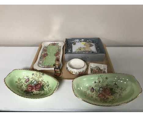 A tray of Maling Rosalind dishes, Maling Rosine plate, similar bowl, Goebel figure, French crystal photograph frame etc 