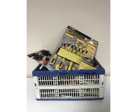 Two boxes of work man's tools, screw driver set, laser edge, hand tools, kitchen knives etc 