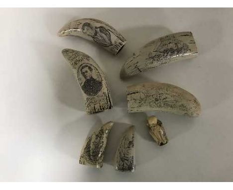 A carved netsuke and six scrimshaw type carvings 