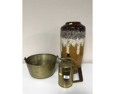 A West German pottery vase, vintage brass blowtorch, brass jam pan