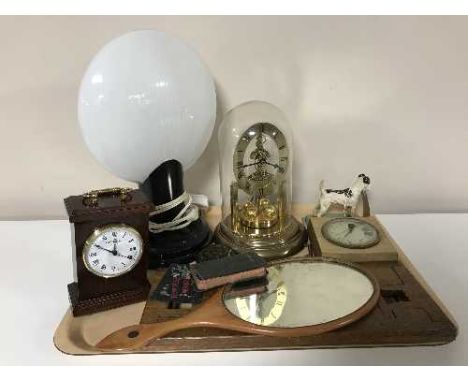 A tray of anniversary clock under dome, cast metal figure of a dog, continental barometer, table lamp, mantel clock etc 