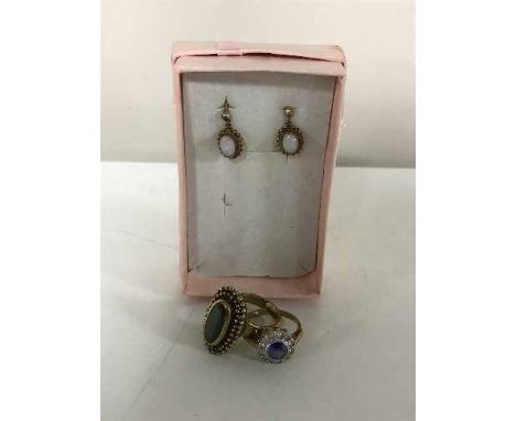 A pair of 9ct gold and opal earrings, together with a 9ct gold dress ring and another costume ring 