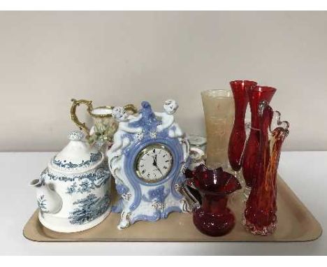 A tray of Masons teapot, china table clock, ruby glass vases, Hammersley china, mug, milk jug, Royal Albert Old Country Roses