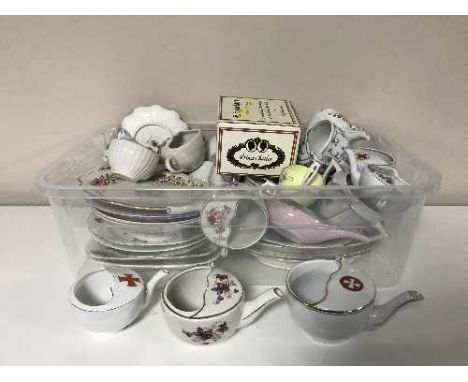 Two boxes containing a quantity of English porcelain, sewing box and contents, frame pictures and prints, vintage tin box
