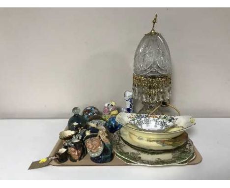 A tray of collectables inc. Maling, lustre china, Royal Doulton character jugs, crystal lamp, paperweights etc 