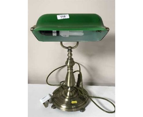 A banker's desk lamp, with green glass shade.