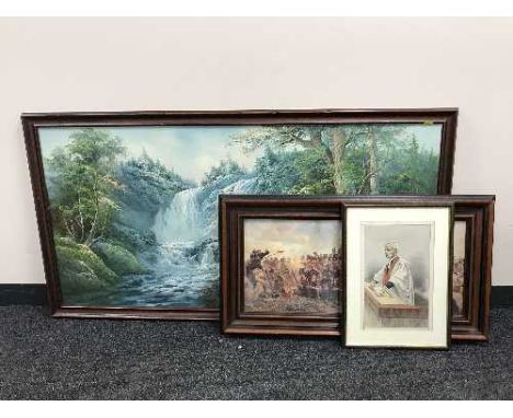 R. Danford, waterfall in a wooded landscape, oil on board, together with a mahogany framed print of a battle scene and a lith