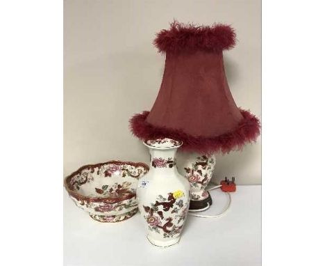 A Masons red Mandolay vase with matching bowl and table lamp 