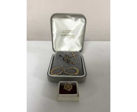 An Edwardian 9ct gold amethyst and seed pearl brooch, pair of 9ct gold earrings, similar cross pendant, 9ct gold and enamel b