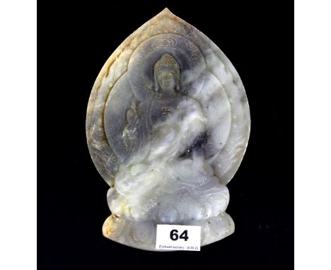 A Chinese carved  jade/hardstone panel depicting the seated Buddha, 22.5 x 15cm.