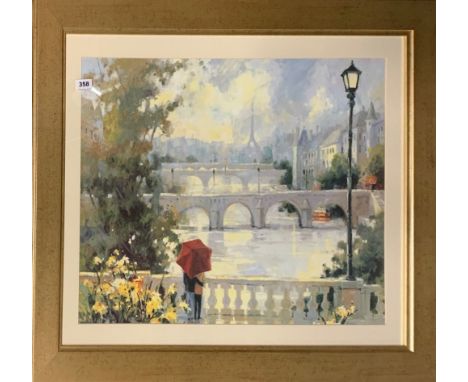 A large gilt framed print of 'Paris Mist' By Marilyn Simdale, frame size 79 x 99cm.