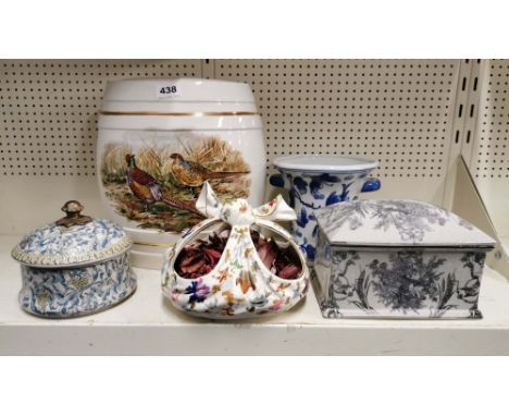 A ceramic sherry barrel together with two porcelain boxes, a ceramic pot pourri holder and a vase.