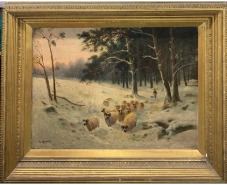 A very large gilt framed oil on canvas of sheep in a winter landscape, signed R. McNeill, 133 x 110cm, (restored).