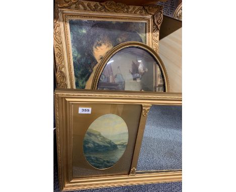 A 1920's gilt framed mirror with two prints inset, 44 x 85cm. Together with an oval framed print and a gilt framed oil finish