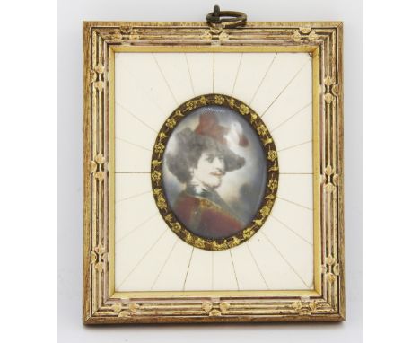 A gilt framed hand painted miniature portrait of a gentleman, 10.5 x 9cm.