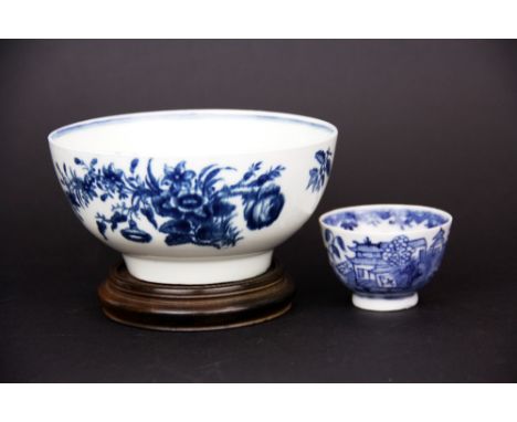 An early English hand painted porcelain bowl H. 6cm, D. 12cm, probably Caughley, together with an early chinoiserie decorated