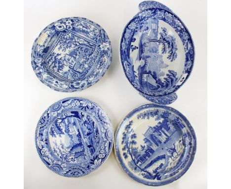 An early 19th century Ridgeways soup bowl (Angus Seats Service) together with two further early 19th century plates and a tra