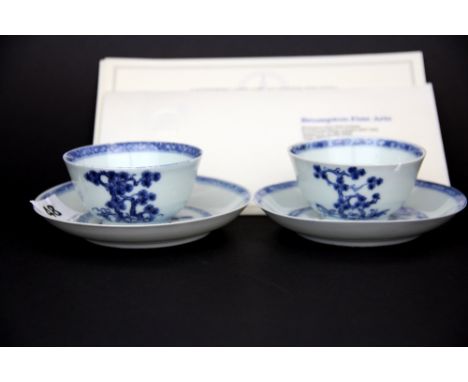 Two 18th century Chinese export porcelain tea bowls and saucers from the Nanking Cargo. Saucer D. 11.5cm. Condition: One cup 