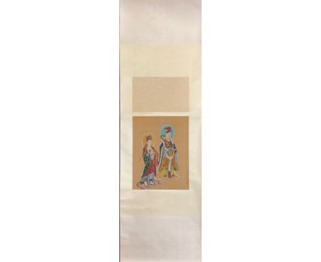 A Chinese scroll mounted watercolour of two deities, size 190 x 48cm.