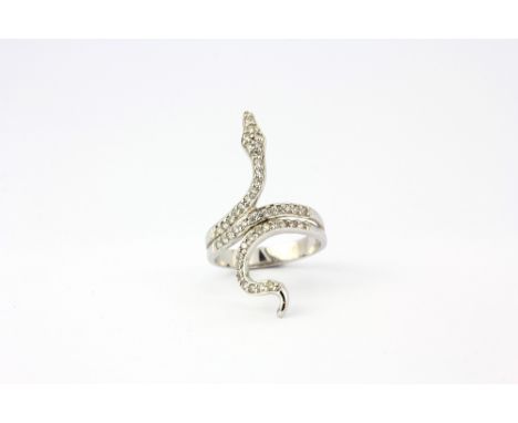 A 925 silver wrap around snake ring set with white stones, (S).