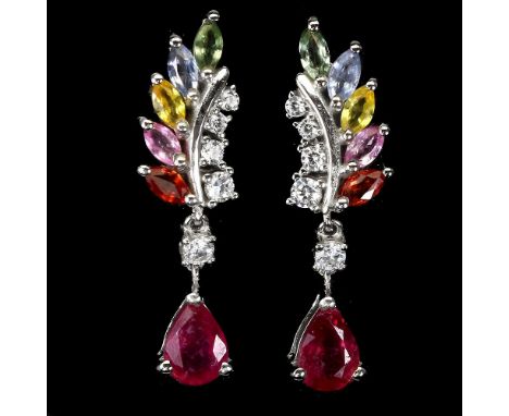 A pair of 925 silver drop earrings set with a pear cut ruby, graduated white stones and marquaise cut fancy sapphires, L. 2.9