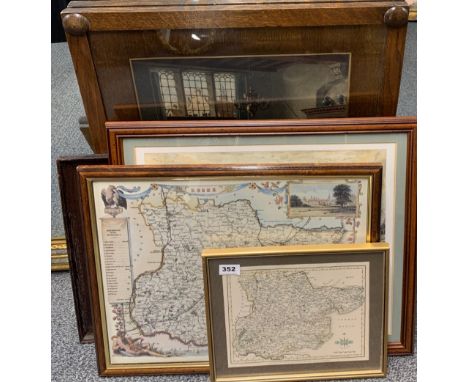 Two reproduction frames maps of Essex together with a large oak framed print, two oak framed H. Alken hunting prints, largest