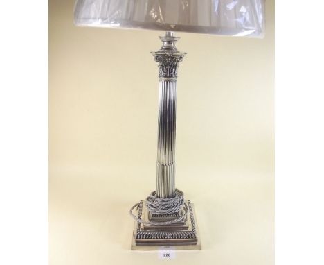 A Sheffield plated corinthium column table lamp and shade - 41cm