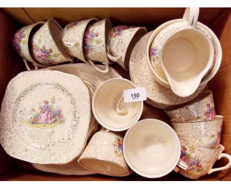 An H &amp; K 1930's tea service decorated garden scene comprising ten cups and saucers, twelve tea plates, milk, sugar and ca