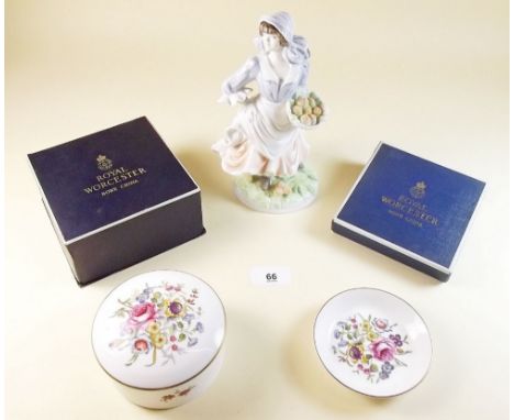 A Royal Worcester figure 'Old Country Way', and two boxed porcelain dishes