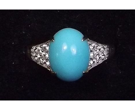 A 9 carat gold ring set Sleeping Beauty turquoise and diamond - size P 1/2