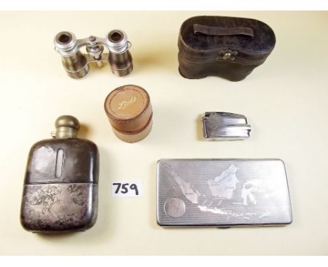 A pair of opera glasses, spirit flask, stud box, cigarette lighter etc