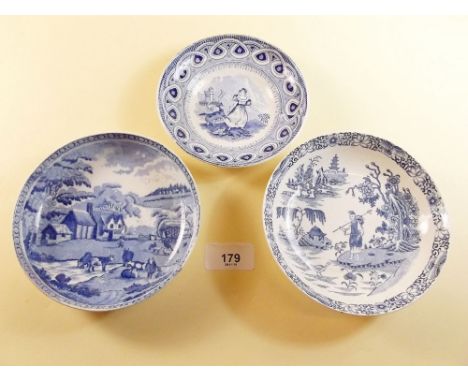 Three Georgian blue and white transfer printed saucers, circa 1800