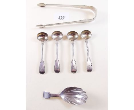 A pair of silver bright cut sugar tongs, a silver caddy spoon plus four silver plated salt spoons with crest