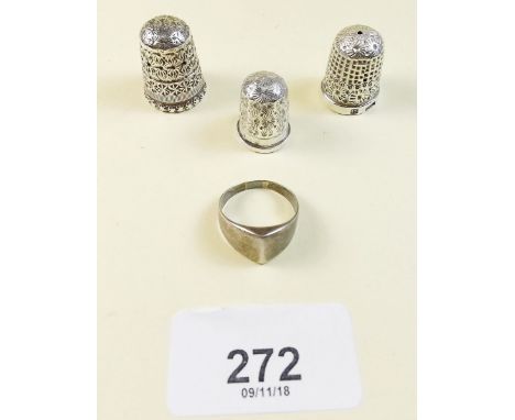 Two Charles Horner silver thimbles and another silver thimble and an 835 Standard silver ring