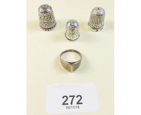 Two Charles Horner silver thimbles and another silver thimble and an 835 Standard silver ring