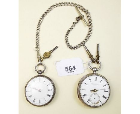 Two silver pocket watches and a silver plated fob chain