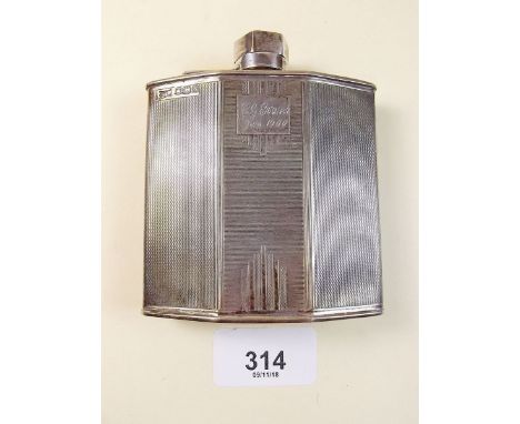 A Walker and Hall silver Art Deco spirit flask with inscription 1940, Sheffield 1935