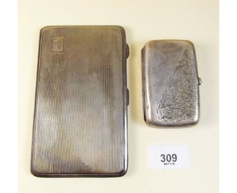 A silver engine turned cigarette case, Birmingham 1945 - 207g and a Victorian one with engraved decoration, Birmingham 1903 -