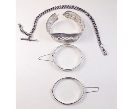A silver fob chain 58g and three silver bracelets a/f - 88g