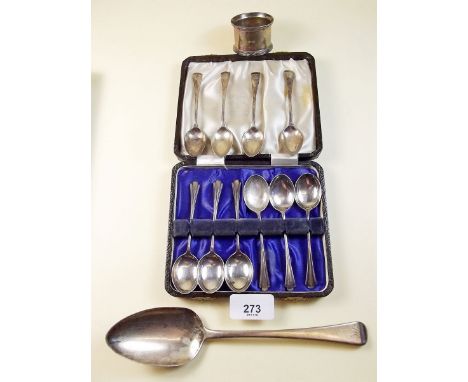 A set of six silver coffee spoons, cased - 73g, four silver coffee spoons, a napkin ring and a tablespoon (140g)