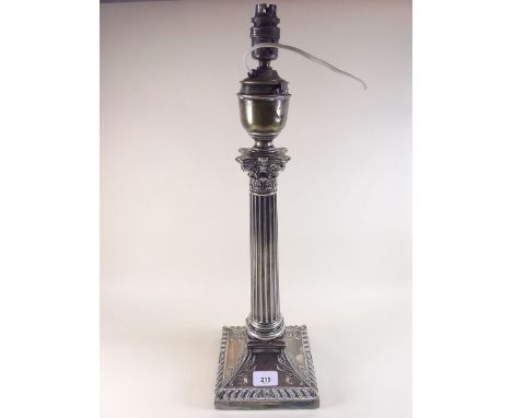 A late 19th century silver plated corinthium column table lamp