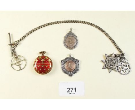 A small enamelled watch, chain and three silver fobs etc