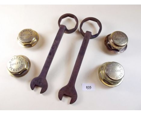Two pairs of small brass cartwheel hub caps by H Watts Builder Pershore (with spanner) and J Lambert,  Longacre (with spanner