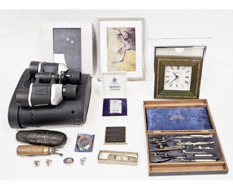 Mixed lot of collectables including cased timber scribe or race knife, Ronson lighter, BP items including commemorative medal