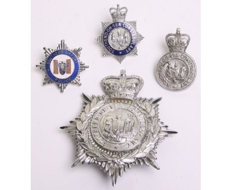 Southend on Sea Constabulary Helmet Badge, Queens crown,  chrome wreath, coat of arms centre, complete with two lug fittings 