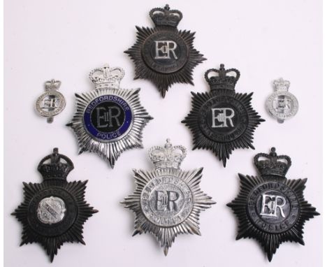 Quantity of Bedfordshire Police Badges, Kings crown black helmet plate, 2 x Queens crown constabulary black helmet plates, ch