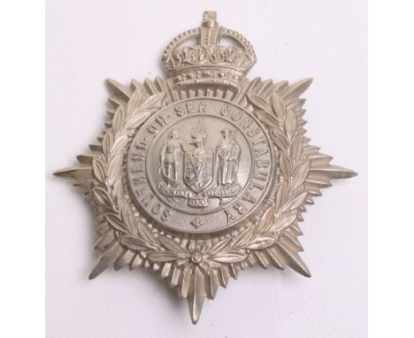 Southend on Sea Constabulary Helmet Badge, Kings crown,  white metal wreath, coat of arms centre, complete with two lug fitti