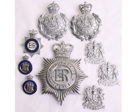 Monmouthshire Police Badges, consisting of Kings crown headdress badge with wreath and coat of arms, similar EIIR period exam