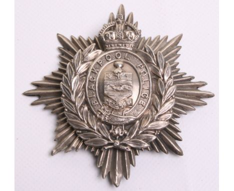 Blackpool Police Helmet Badge, Kings crown,  white metal wreath/star, coat of arms centre, two piece badge,  